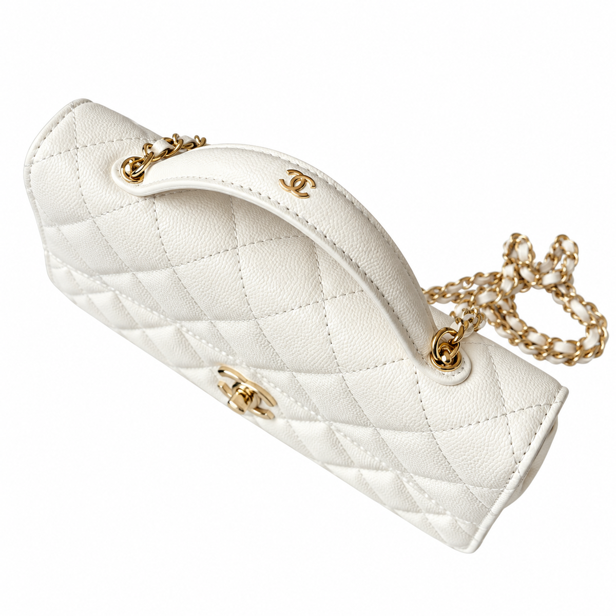 Chanel White Caviar Quilted Mini Top Handle Flap Bag
