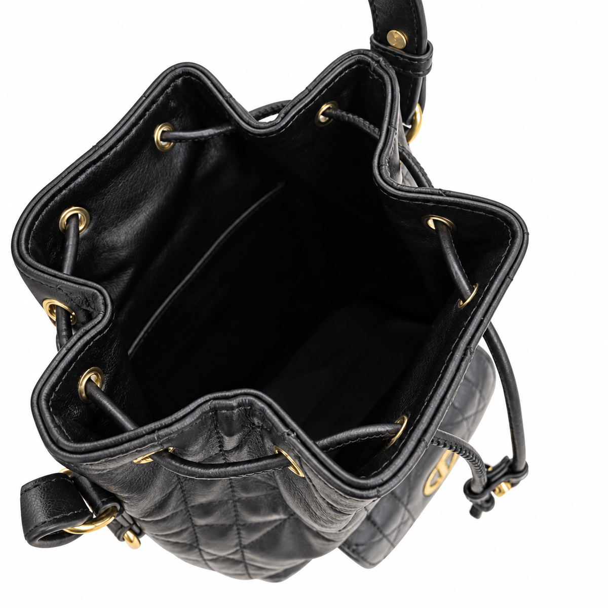 Dior Caro Bucket Bag in Black Cannage Leather with Gold CD Clasp