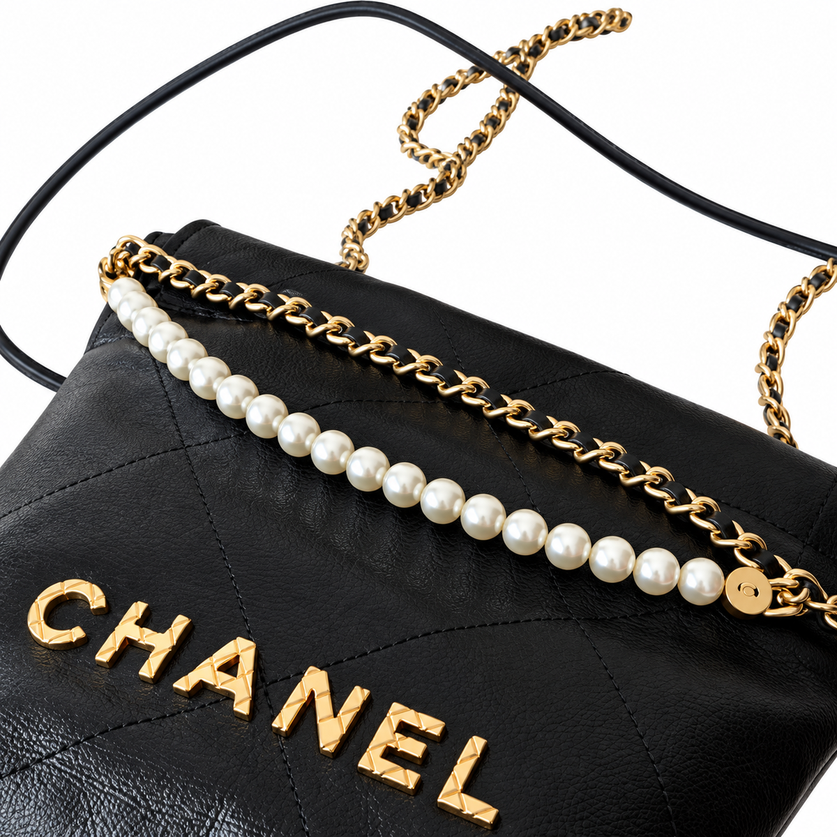 Chanel Black Quilted 22 Mini Bag with Pearl Chain