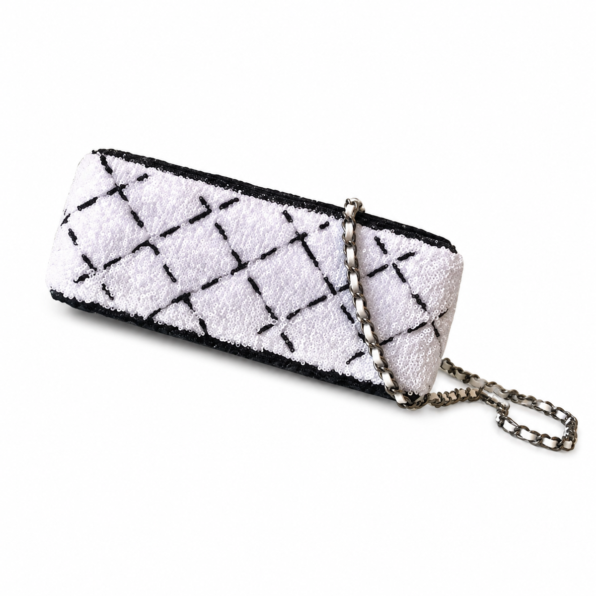 Chanel Quilted Black and White Sequin Evening Clutch with Silver Chain