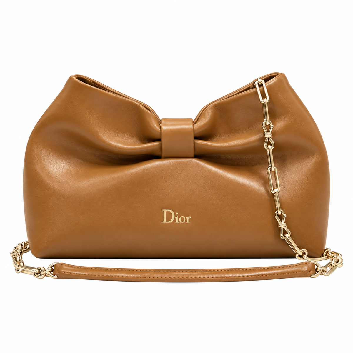 Dior Bow Bag in Caramel Lambskin Leather with Silver Chain Strap