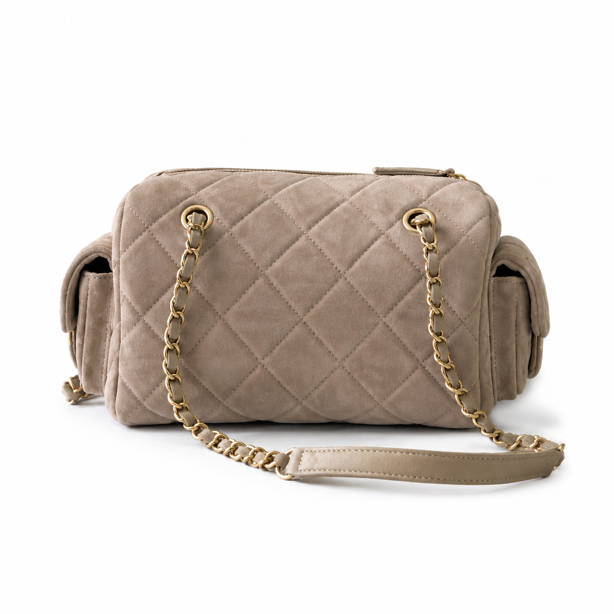 Chanel Quilted Taupe Suede Camera Bag with Antique Gold CC Logo
