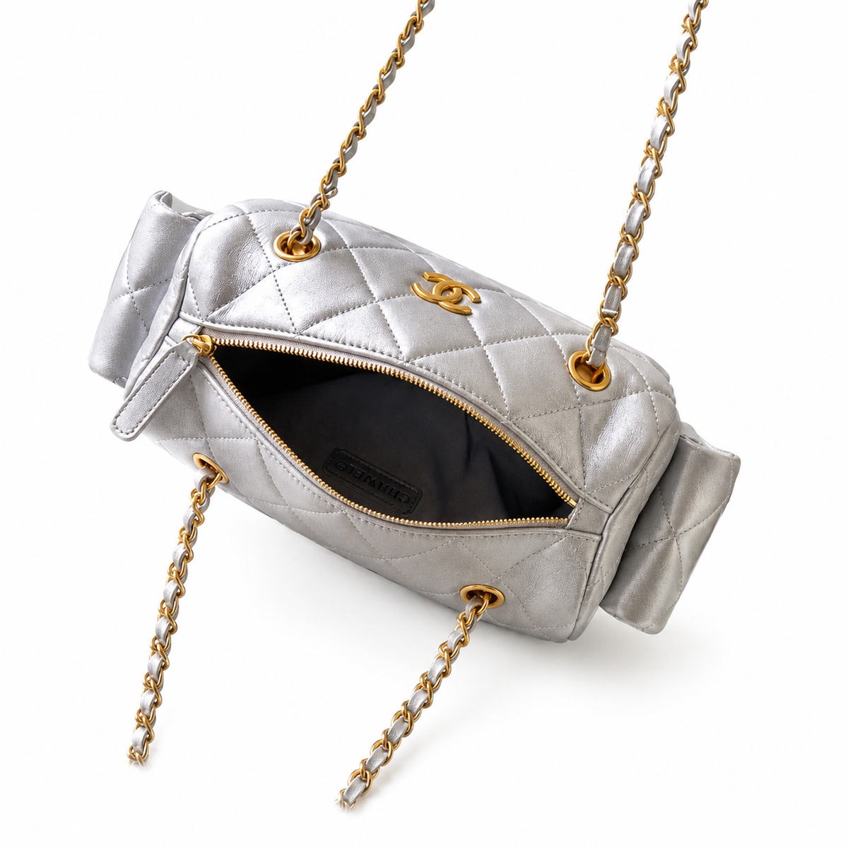 Chanel Quilted Silver Metallic Camera Bag with Gold CC Logo