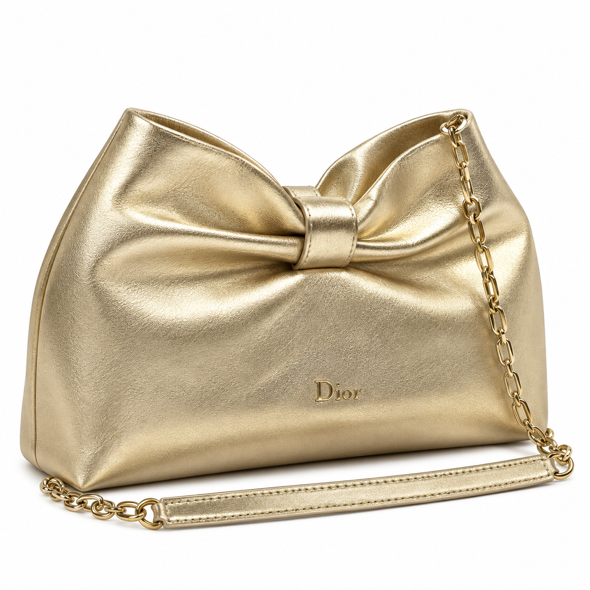 Dior Bow Bag in Champagne Gold Metallic Leather with Gold Chain Strap