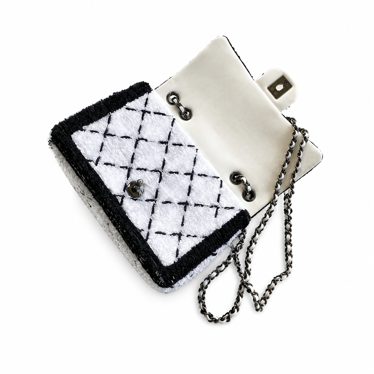 Chanel Quilted Black and White Sequin Evening Clutch with Silver Chain