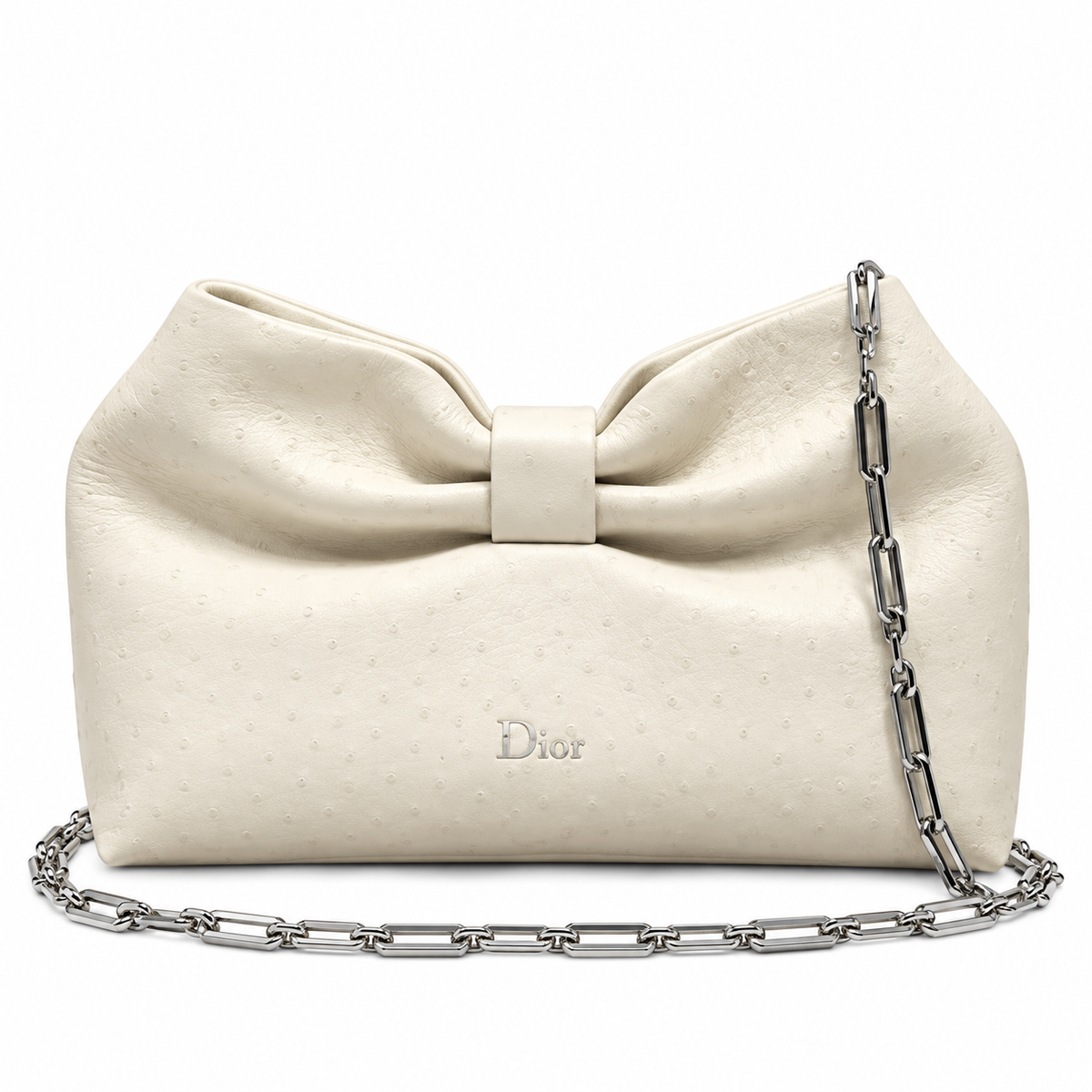 Dior Bow Bag in Ivory Ostrich-Embossed Leather with Silver Paperclip Chain