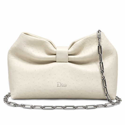 Dior Bow Bag in Ivory Ostrich-Embossed Leather with Silver Paperclip Chain