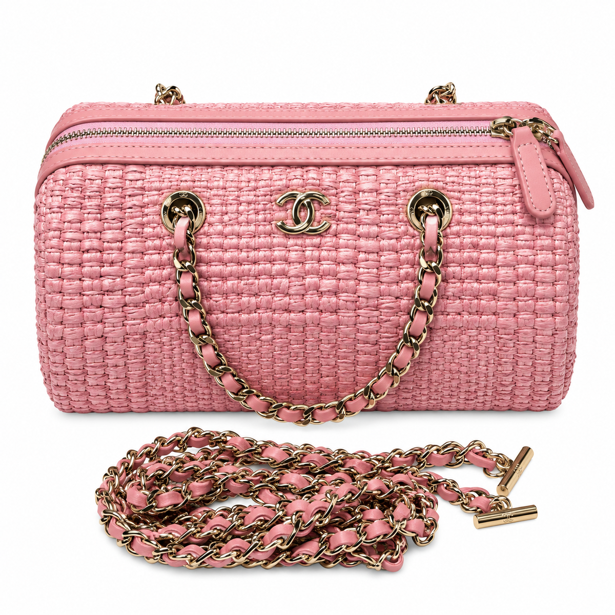Chanel Pink Woven Raffia Small Vanity Case with Chain