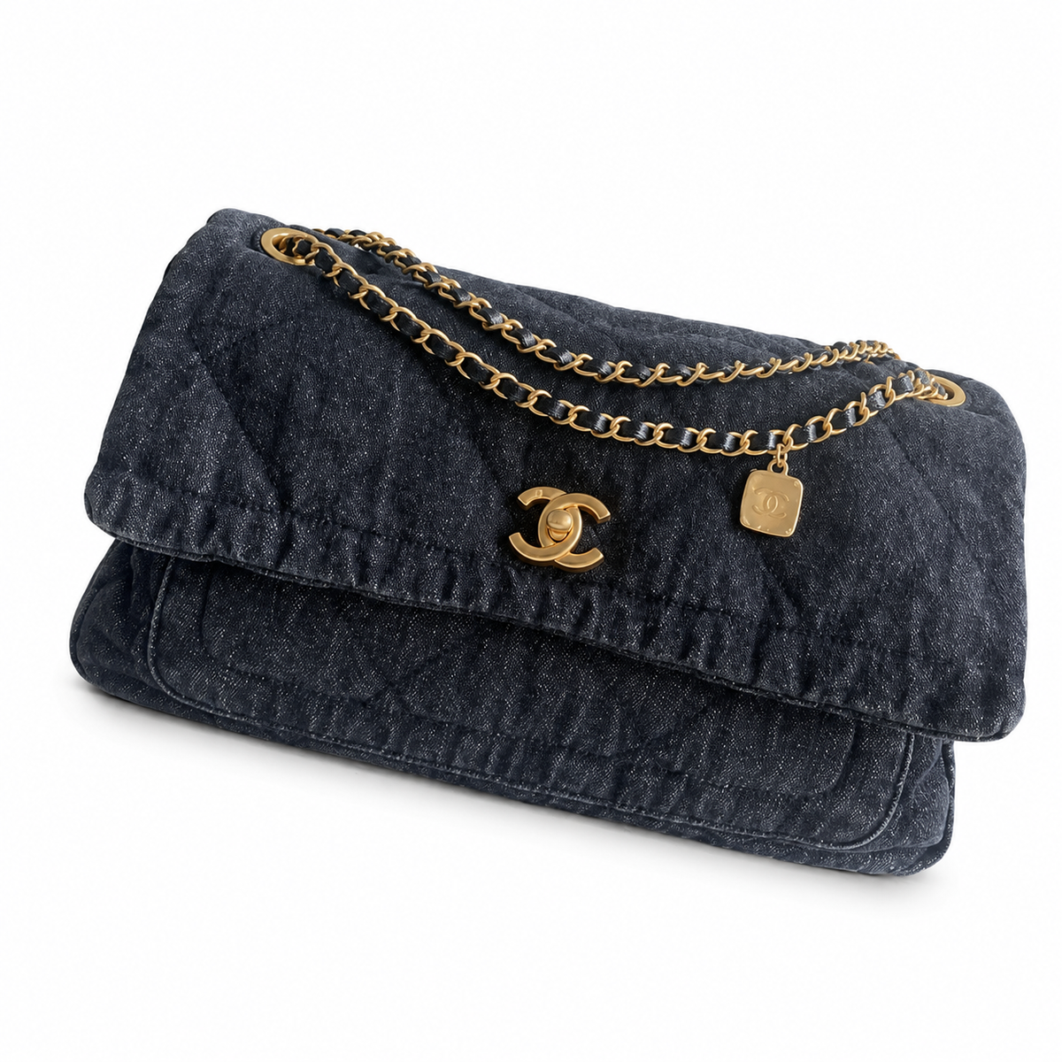 Chanel Quilted Navy Denim Flap Bag with Gold CC Lock and Charm