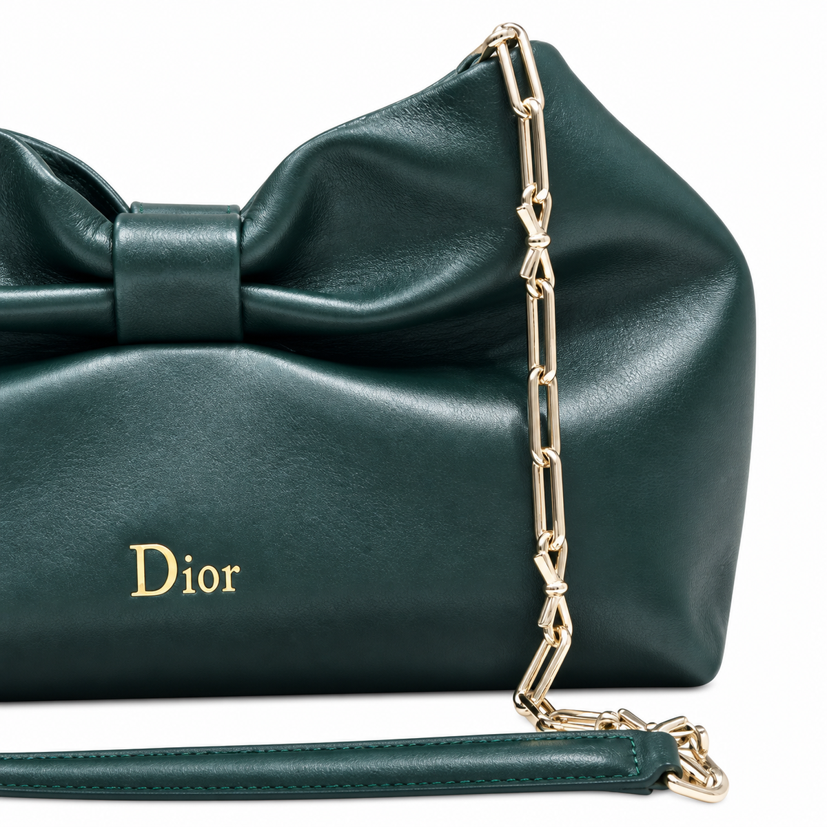Dior Bow Bag in Forest Green Lambskin Leather with Gold Ring Hardware