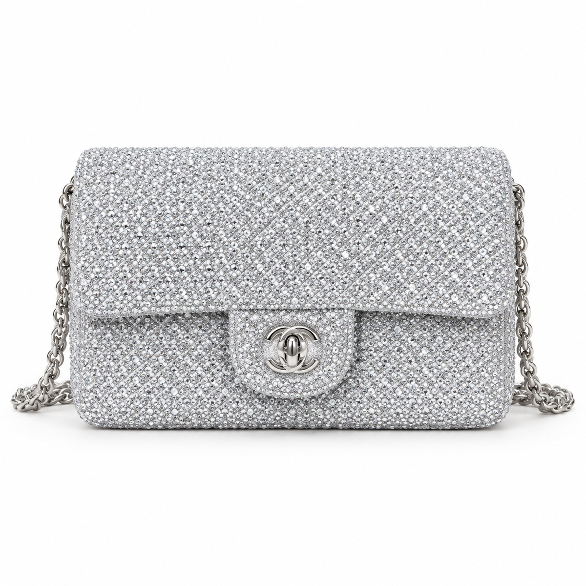 Chanel Silver Crystal Evening Clutch with Chain