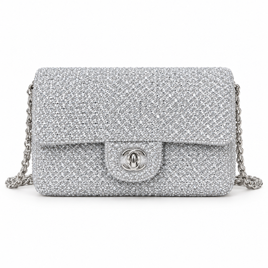 Chanel Silver Crystal Evening Clutch with Chain