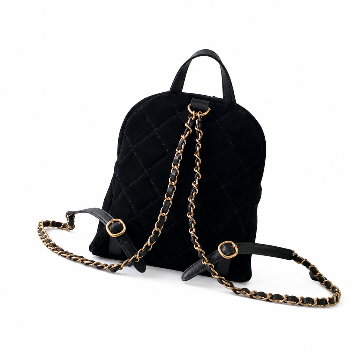 Chanel Quilted Mini Backpack in Black Suede with Antique Gold Chain