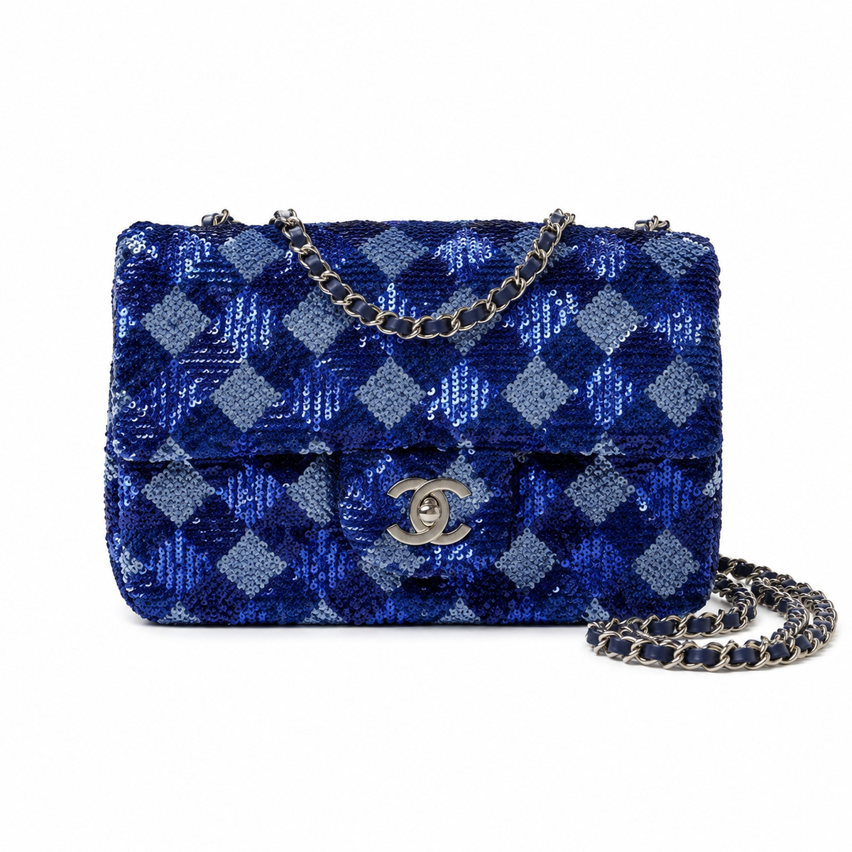 Chanel Quilted Royal Blue Sequin Classic Flap Bag with Silver CC Lock