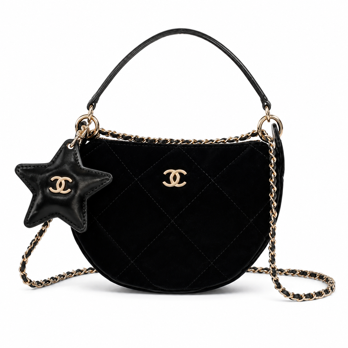 Chanel Quilted Black Suede Flap Bag with Gold CC Lock and Chain