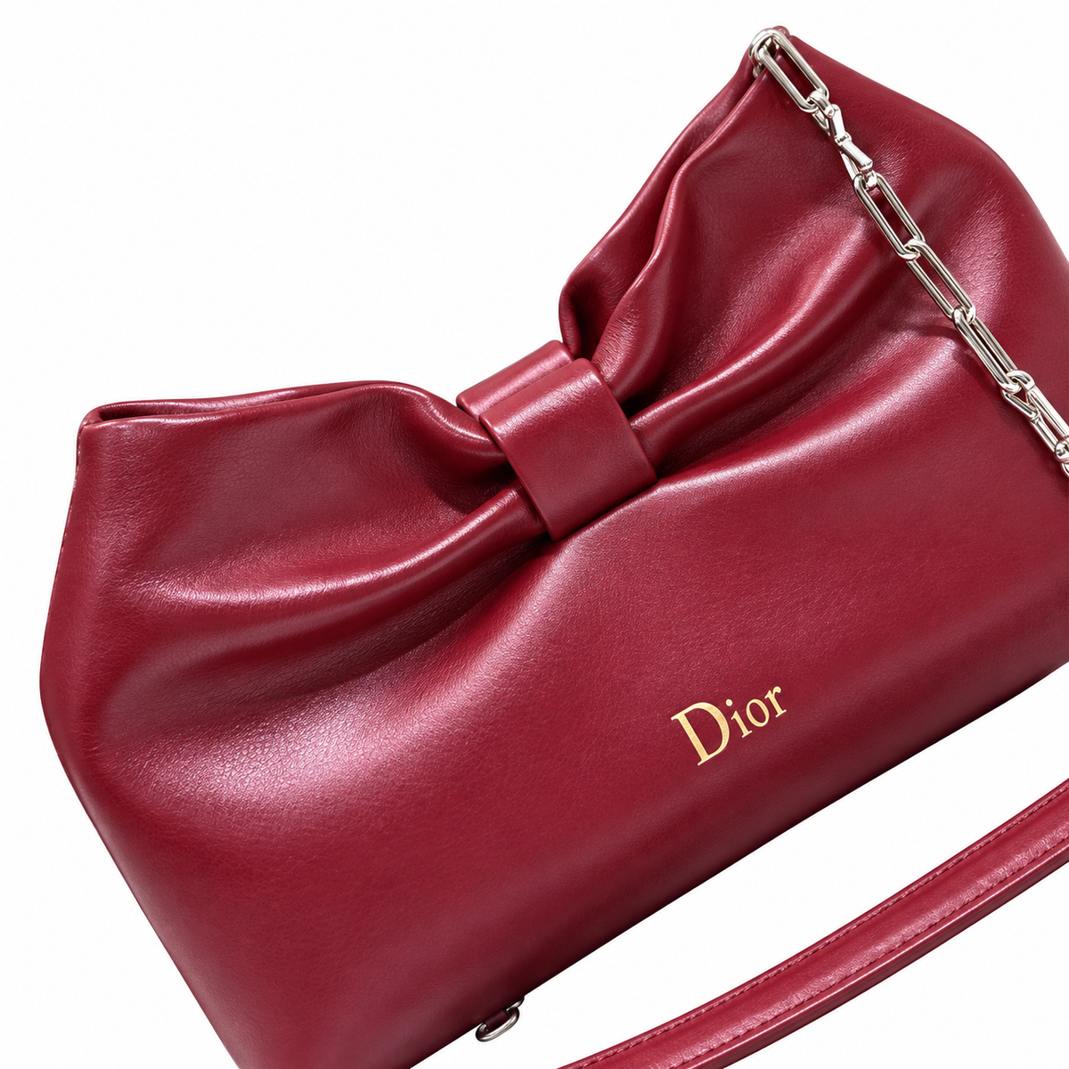 Dior Bow Bag in Bordeaux Lambskin Leather with Silver Chain Strap