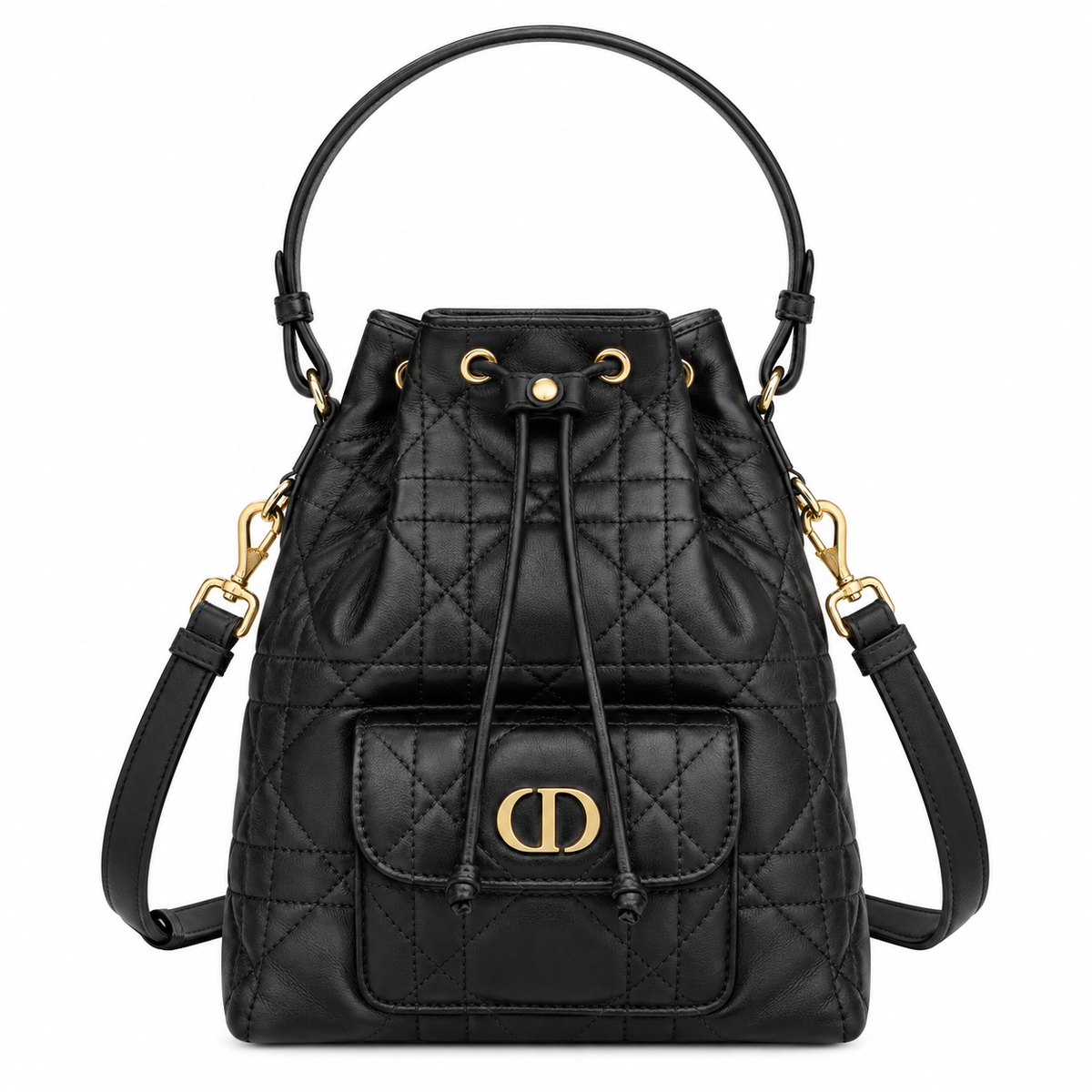 Dior Caro Bucket Bag in Black Cannage Leather with Gold CD Clasp