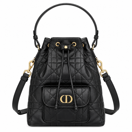Dior Caro Bucket Bag in Black Cannage Leather with Gold CD Clasp