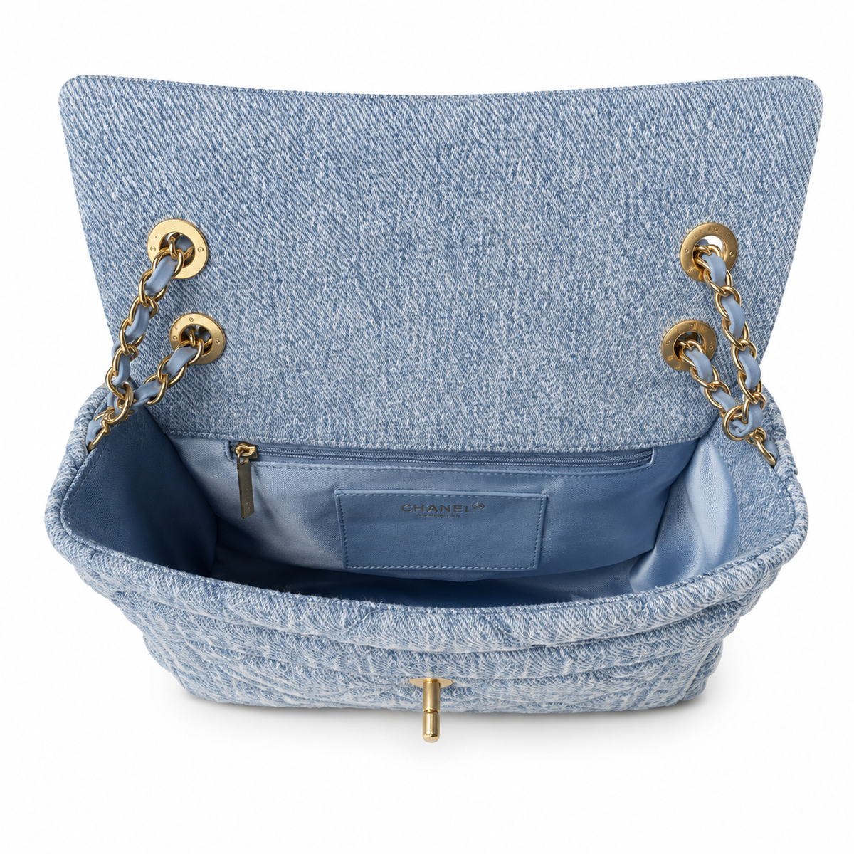 Chanel Denim Flap Bag with Oversized Antique Gold CC Turn-Lock