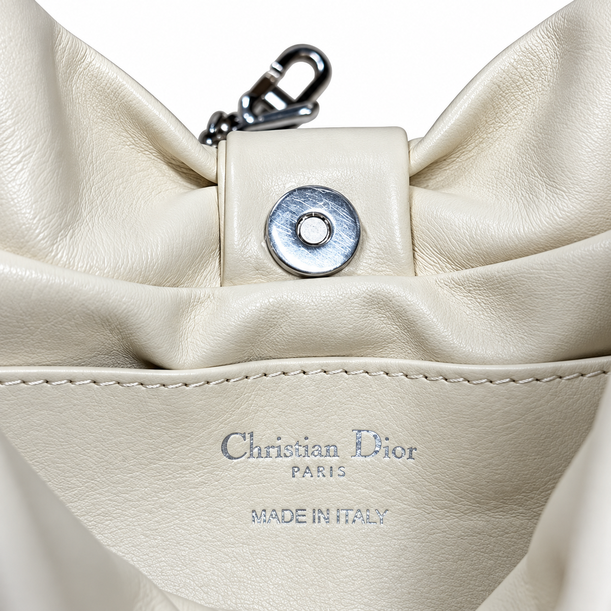 Dior Bow Bag in Ivory Lambskin with Floral Embroidery and Silver Chain