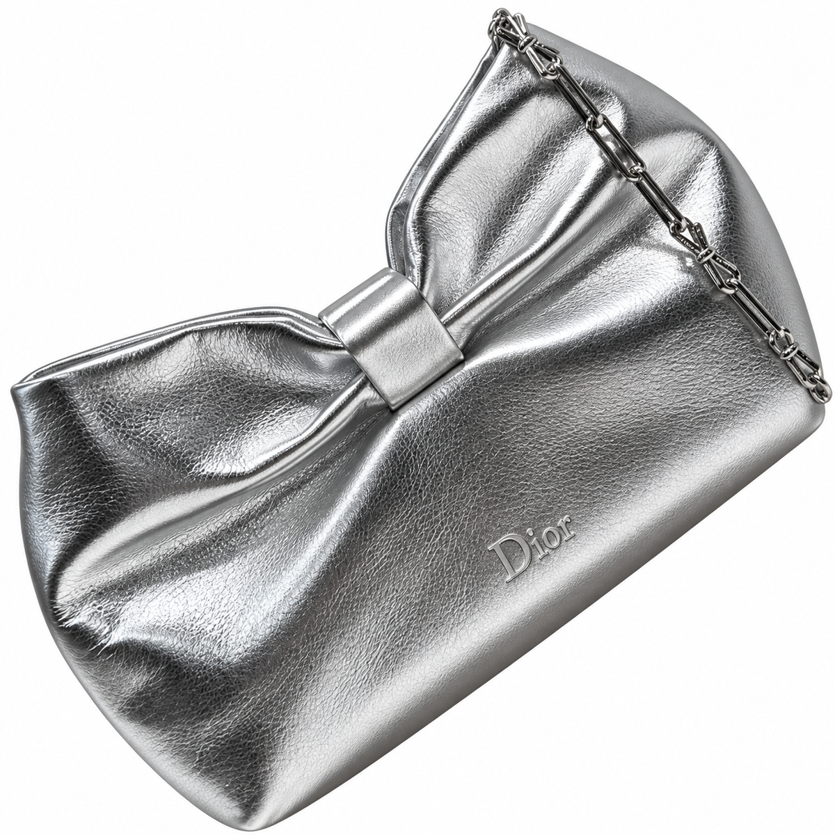 Dior Bow Bag in Silver Metallic Leather with Silver Chain Strap