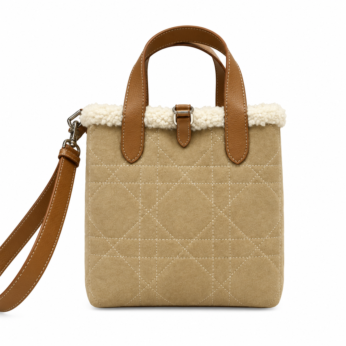 Dior Toujours Mini Bag in White Shearling with Camel Leather Trim