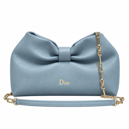 Dior Bow Bag in Ice Blue Lambskin Leather with Gold Ball-Chain Strap