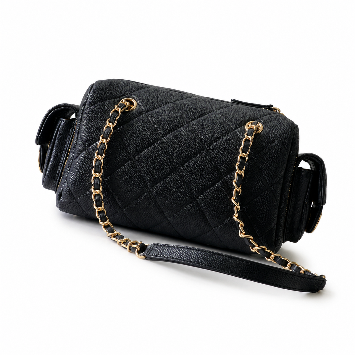 Chanel Quilted Black Caviar Leather Shoulder Bag with Gold CC Logo