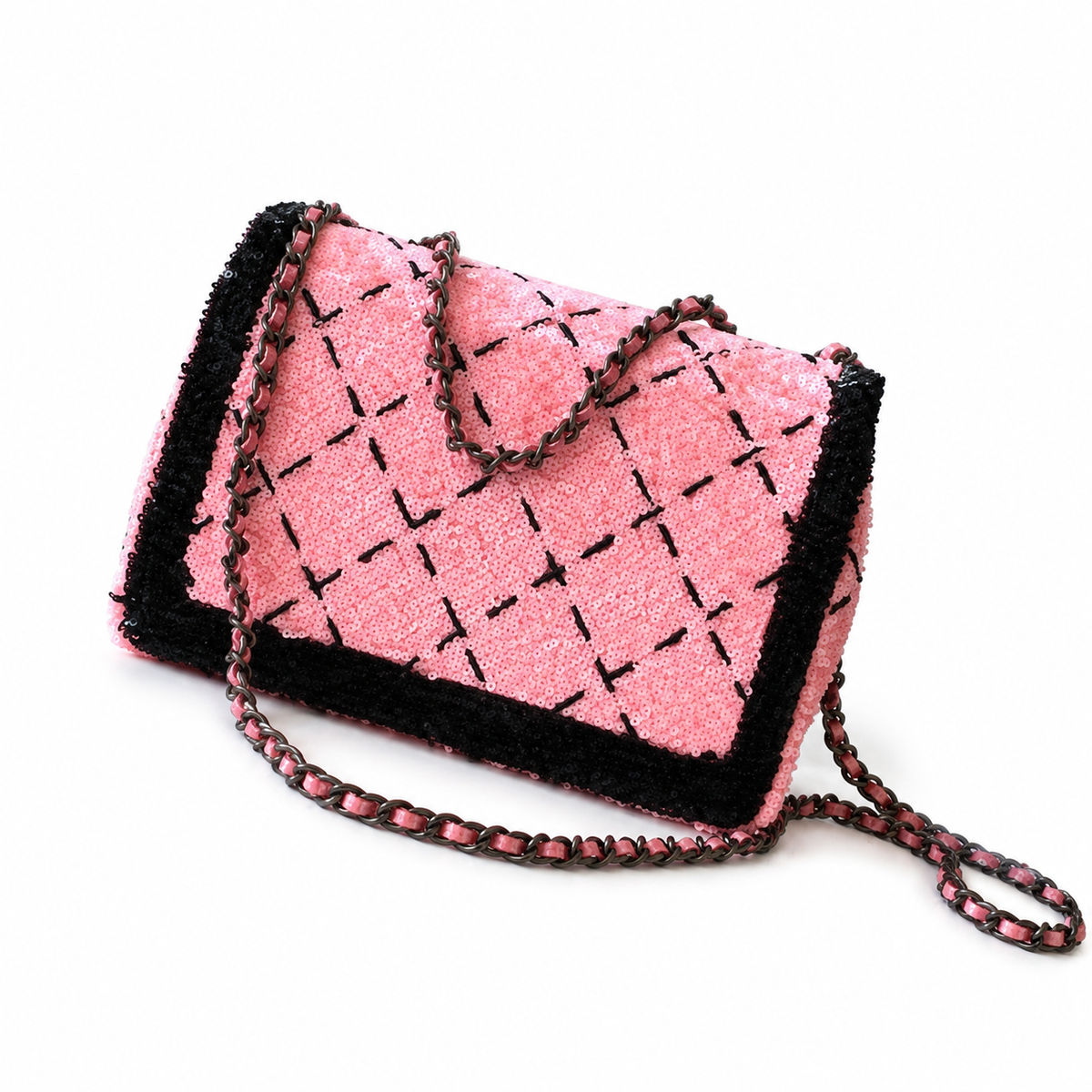 Chanel Quilted Pink and Black Sequin Classic Flap Bag with Gunmetal Chain
