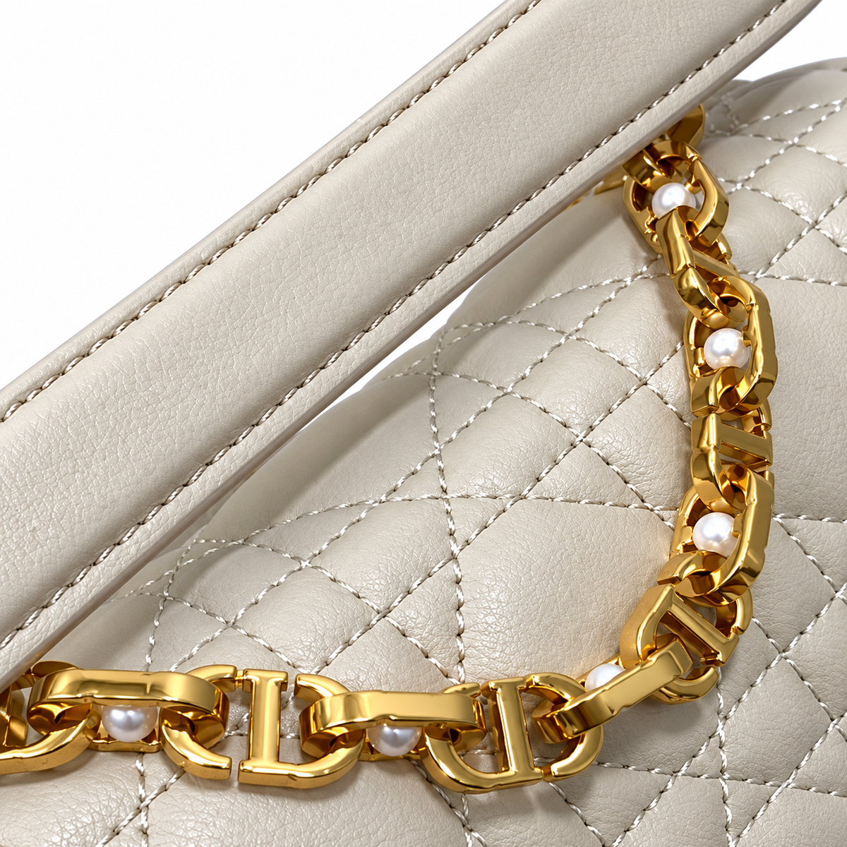 Dior Small Jouis Flap Bag in Greige with Pearl Chain Strap