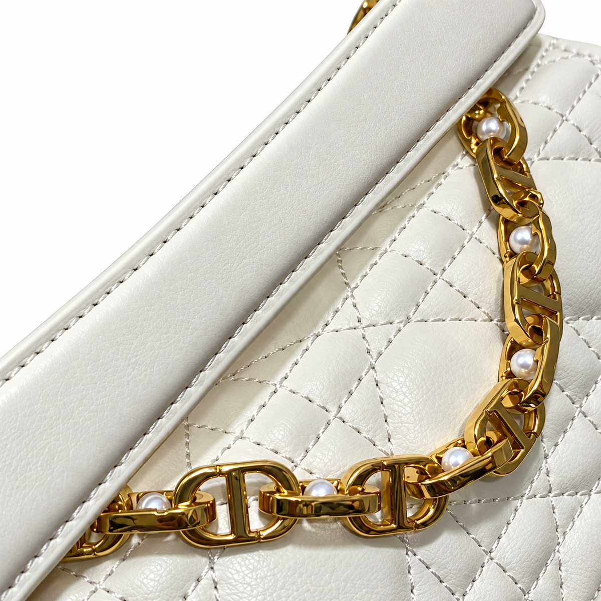 Dior Small Jouis Flap Bag in White with Pearl Chain Strap