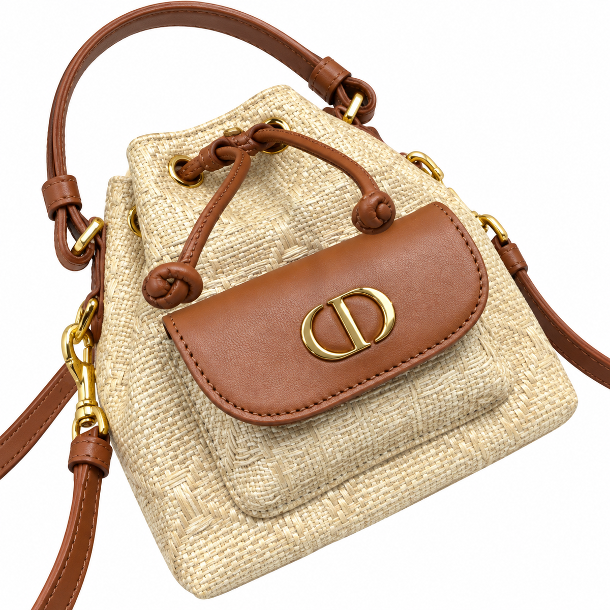 Dior Raffia Woven CD Logo Drawstring Bucket Bag