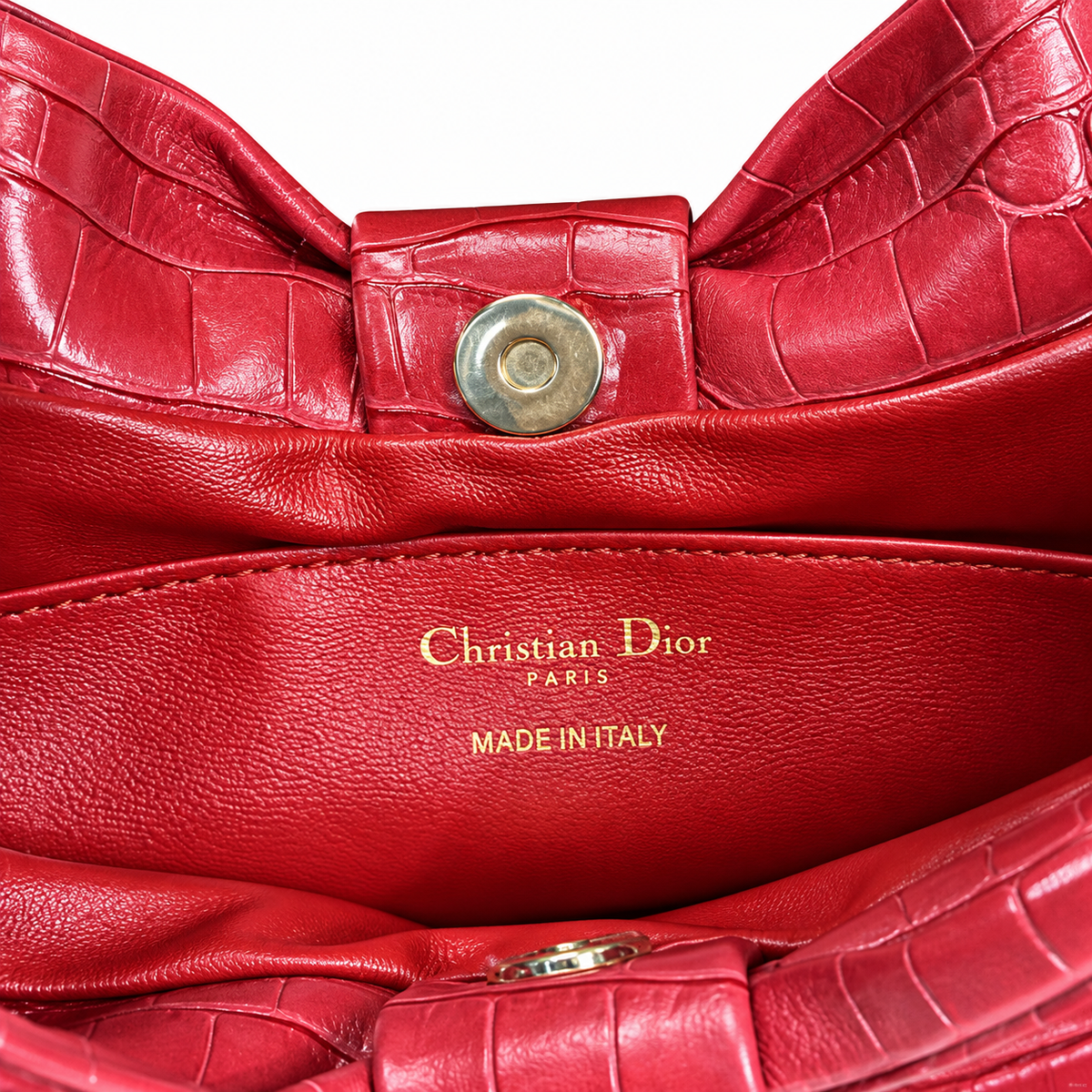 Dior Bow Bag in Rose Red Crocodile-Embossed Leather with Gold Dior Logo