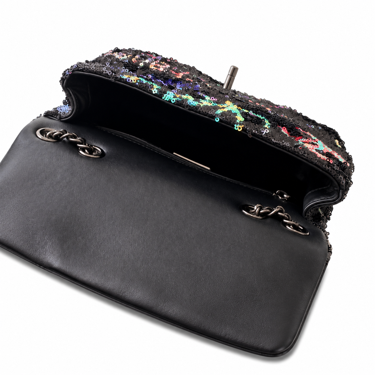 Chanel Classic Flap Bag in Black Sequin with Pink Graffiti Logo
