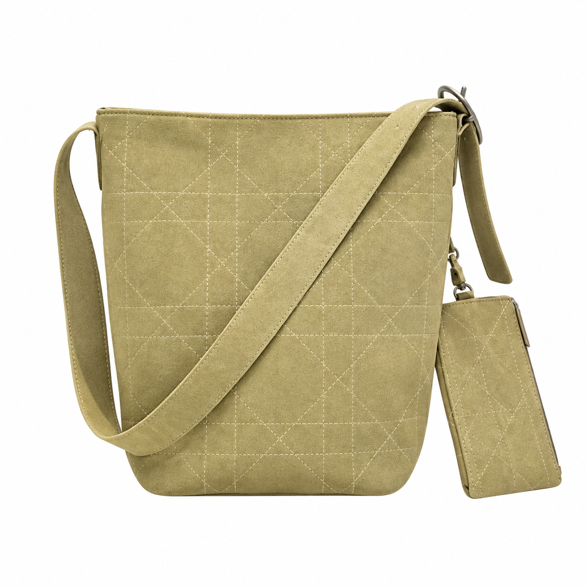 Dior Cannage Quilted Suede Large Hobo Bag with Card Holder in Matcha Green