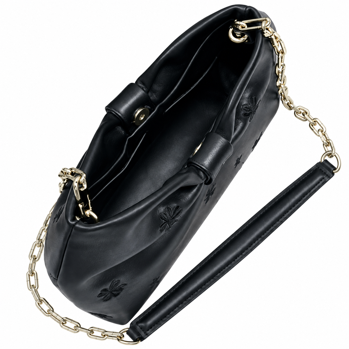 Dior Bow Bag in Black Leather with Floral Embroidery and Gold Chain
