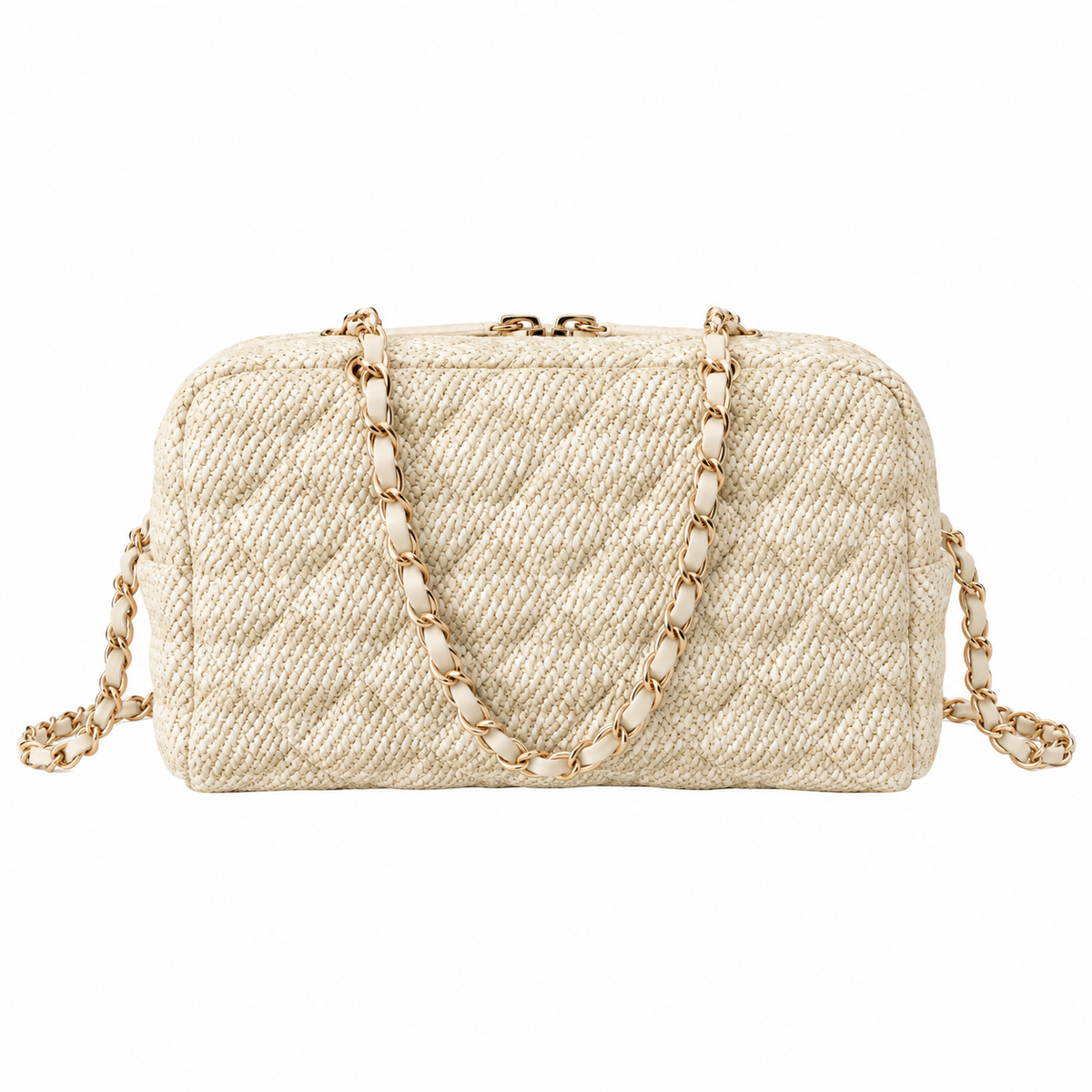 Chanel Beige Quilted Raffia Bowling Bag with Chain