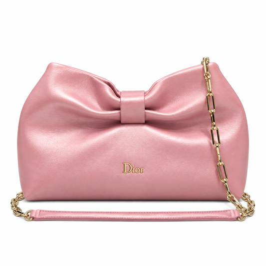 Dior Bow Bag in Baby Pink Lambskin Leather with Gold Chain Strap