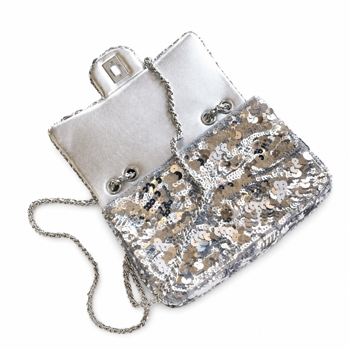 Chanel Classic Flap Bag in Silver and Gold Mixed Sequin with Silver Chain