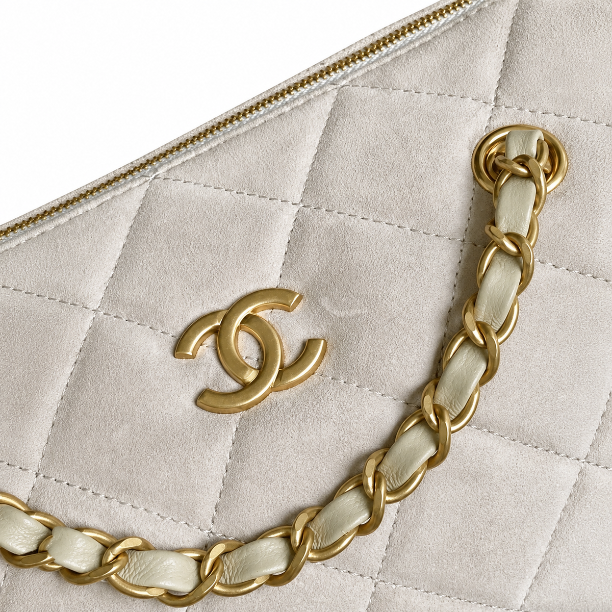 Chanel Quilted Off-White Suede Camera Bag with Gold CC Logo