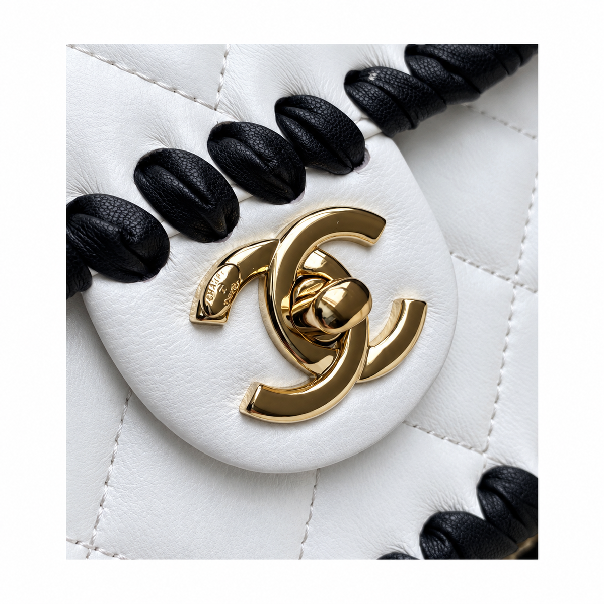 Chanel White Quilted Flap Bag with Black Braided Edge