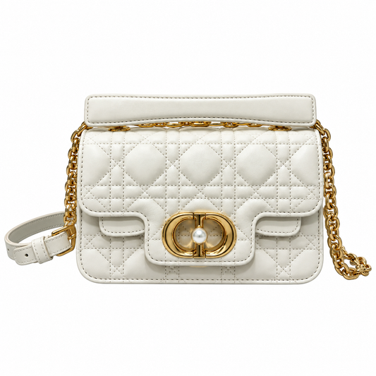 Dior Small Jouis Flap Bag in White with Pearl Chain Strap