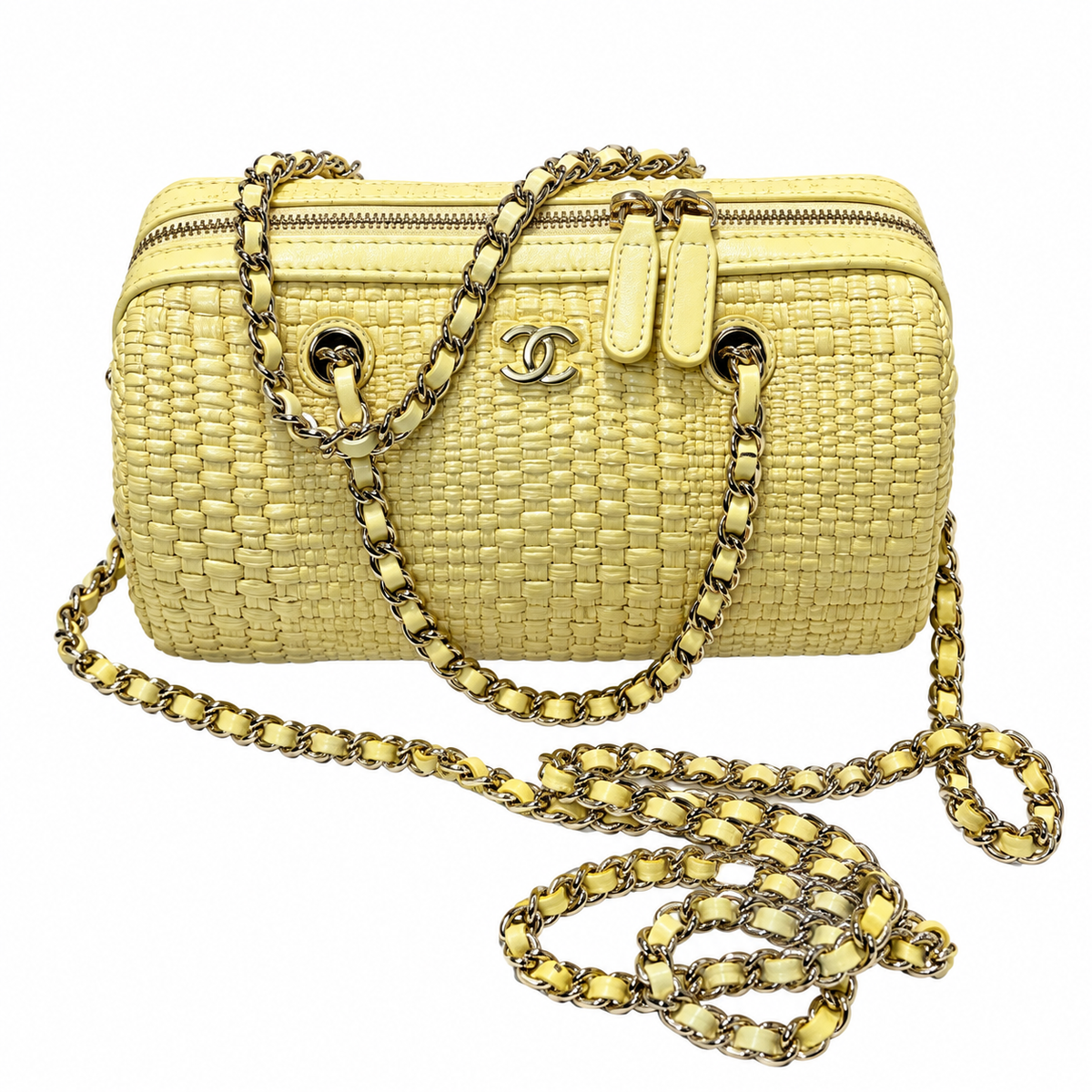 Chanel Lemon Yellow Woven Raffia Small Vanity Case