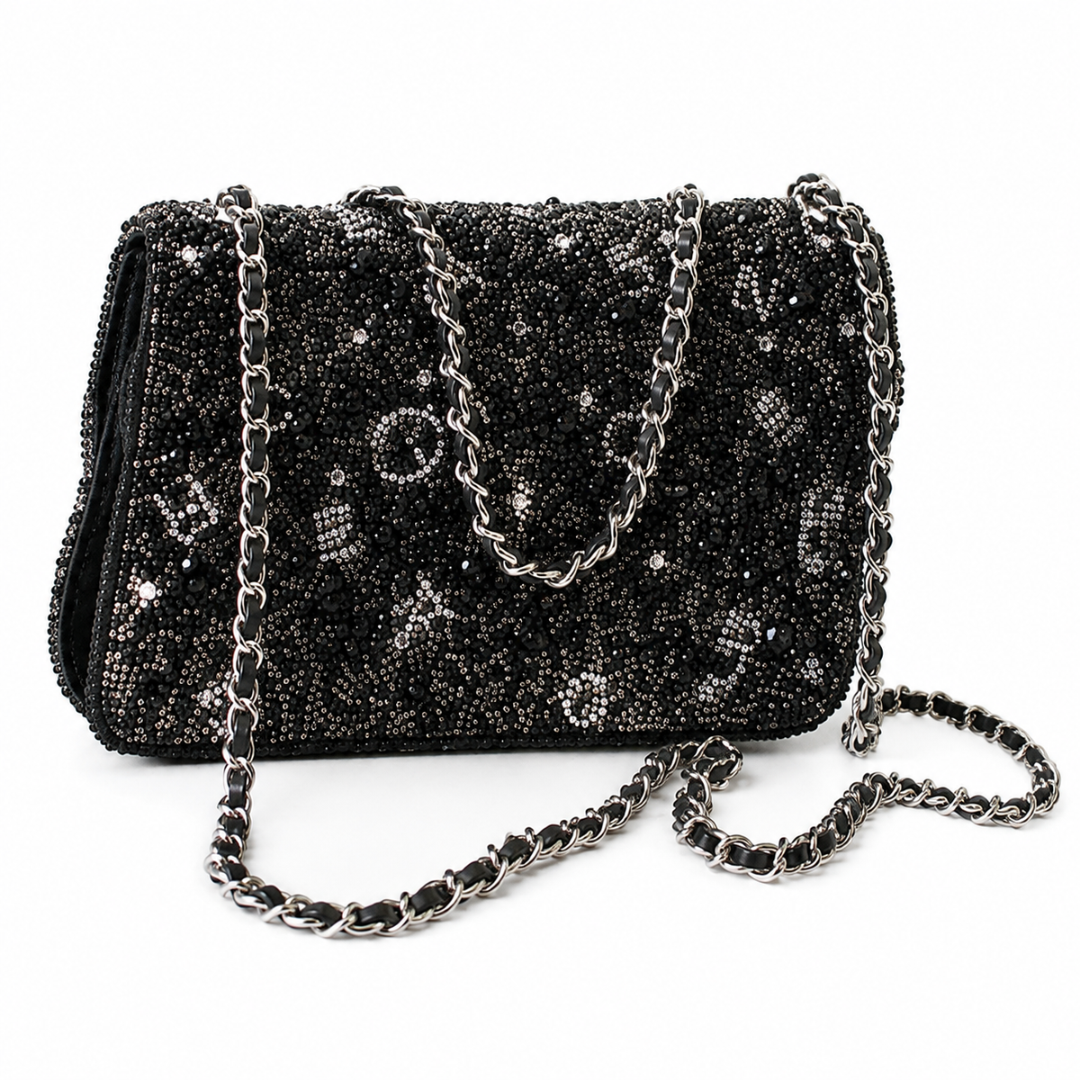 Chanel Classic Flap Bag in Black Crystal Embellishment with Silver CC Lock