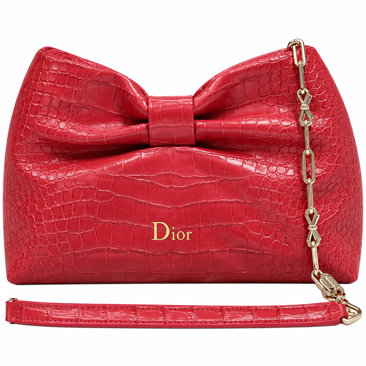 Dior Bow Bag in Rose Red Crocodile-Embossed Leather with Gold Dior Logo