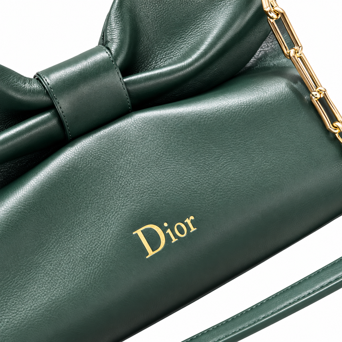Dior Bow Bag in Forest Green Lambskin Leather with Gold Ring Hardware
