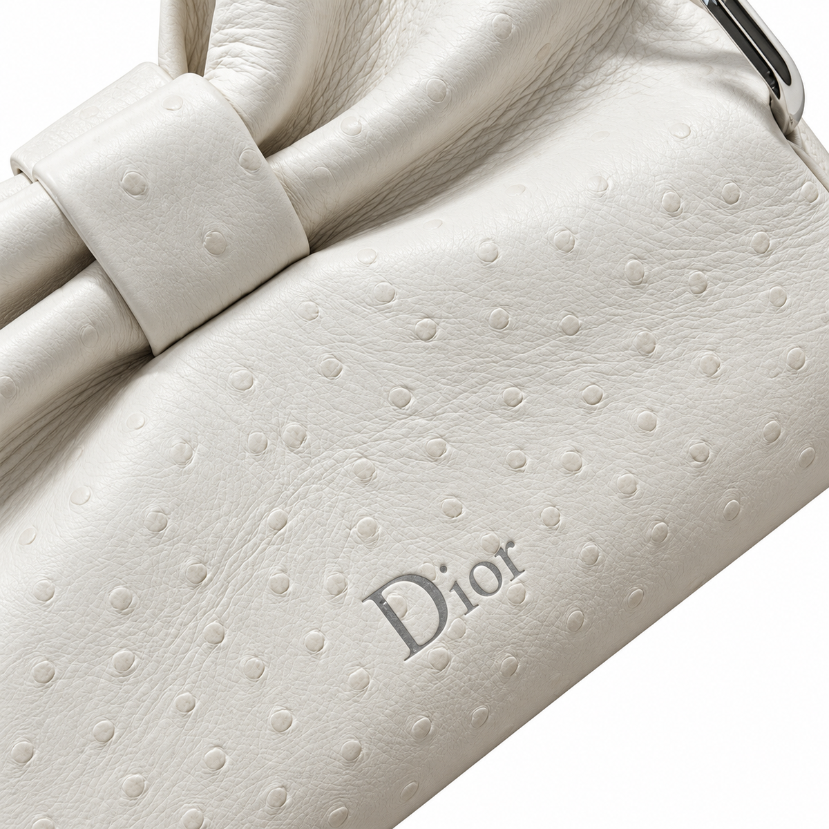 Dior Bow Bag in Ivory Ostrich-Embossed Leather with Silver Paperclip Chain