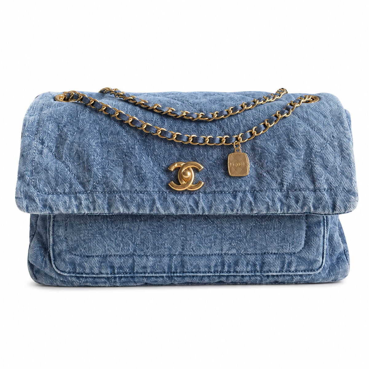 Chanel Quilted Denim Chain Tote Bag in Light Blue with Gold CC Charm