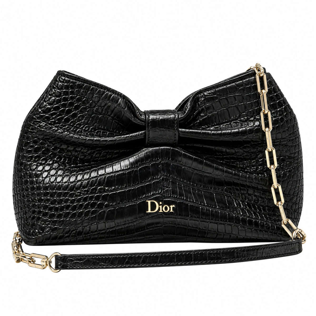 Dior Bow Clutch in Black Crocodile-Embossed Leather with Silver Zip