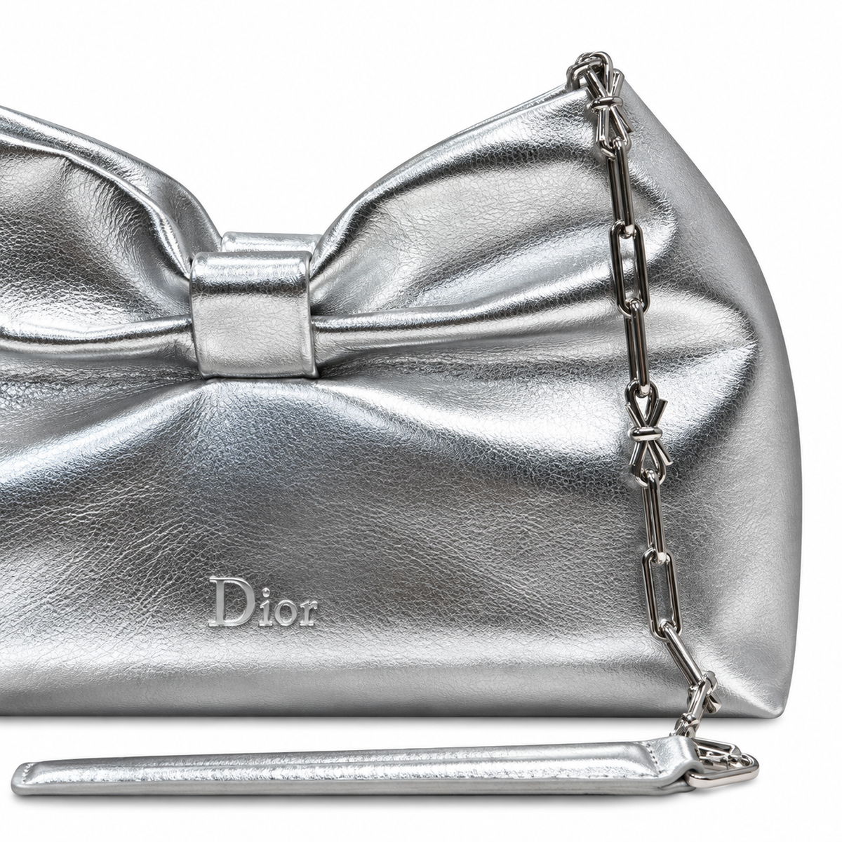 Dior Bow Bag in Silver Metallic Leather with Silver Chain Strap